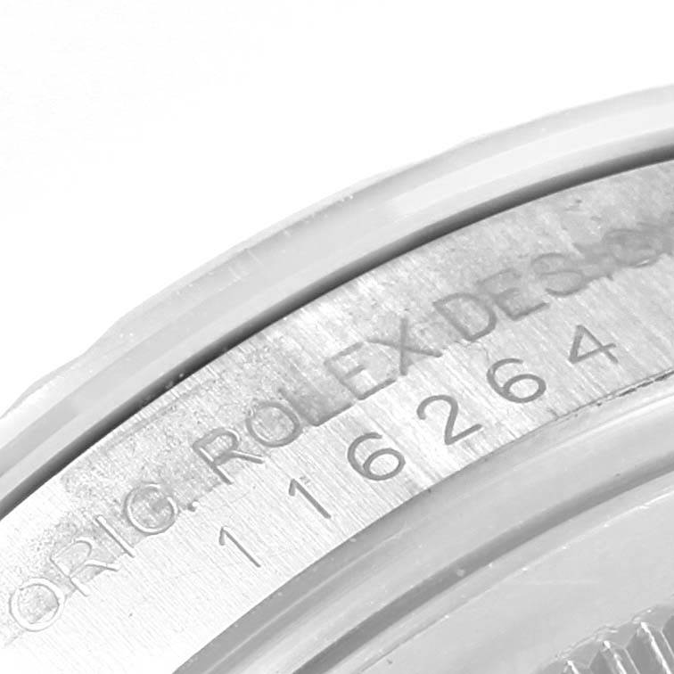 This image shows a close-up of the case back and inscription on the Rolex Turn-o-Graph 116264 Men
s Stainless Steel White Dial 116264 Men
s Stainless Steel White Dial.