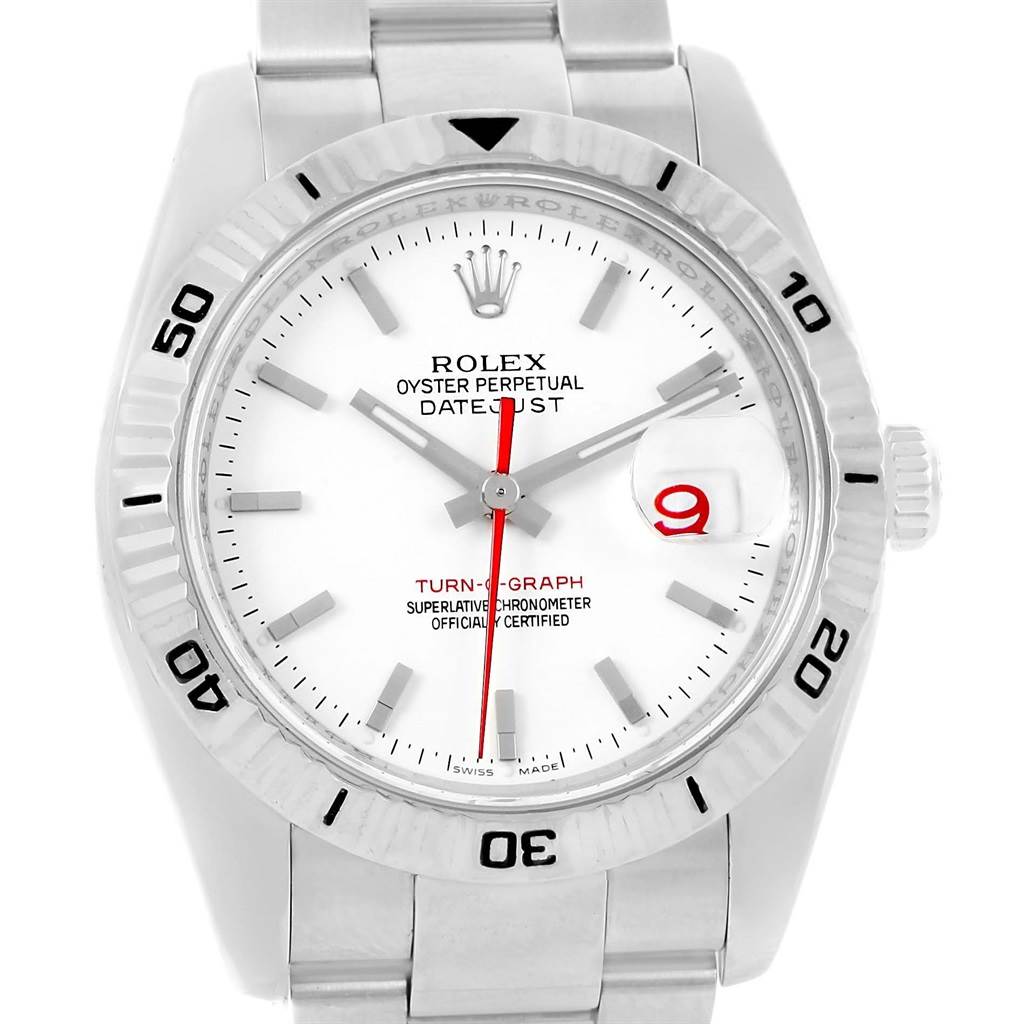 The image shows a front view of a Rolex Turn-o-Graph 116264 Men
s Stainless Steel White Dial 116264 Men
s Stainless Steel White Dial watch, highlighting the dial, bezel, and part of the bracelet.