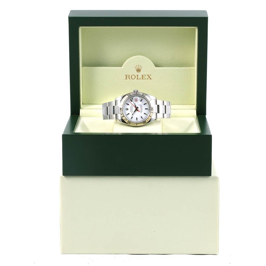 The Rolex Turn-o-Graph 116264 Men
s Stainless Steel White Dial 116264 Men
s Stainless Steel White Dial watch is shown from a front angle, displayed inside its branded watch box.