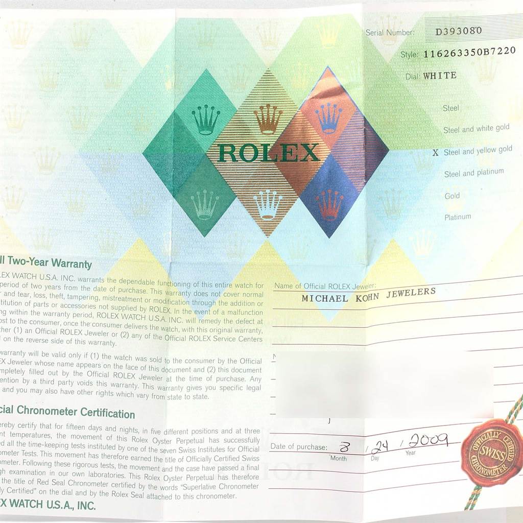 This image shows the warranty and certification paper for a Rolex Turn-o-Graph 116263 Men
s Stainless Steel White Dial 116263 Men
s Stainless Steel White Dial model watch.