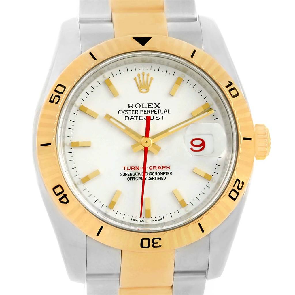 This image shows a frontal view of the Rolex Turn-o-Graph 116263 Men
s Stainless Steel White Dial 116263 Men
s Stainless Steel White Dial watch, highlighting the dial, bezel, hands, and date window.
