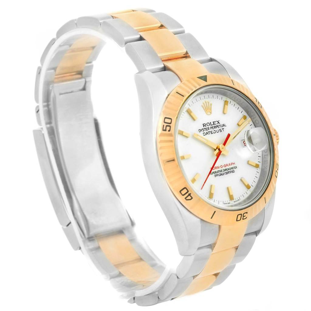 The image shows a Rolex Turn-o-Graph 116263 Men
s Stainless Steel White Dial 116263 Men
s Stainless Steel White Dial watch at a 3/4 angle, highlighting its face, bezel, and two-tone bracelet.