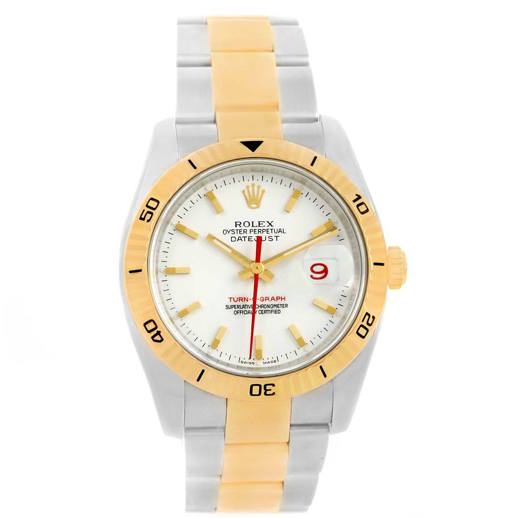 The image shows a front view of a Rolex Turn-o-Graph 116263 Men
s Stainless Steel White Dial 116263 Men
s Stainless Steel White Dial watch displaying the dial, bezel, and bracelet.