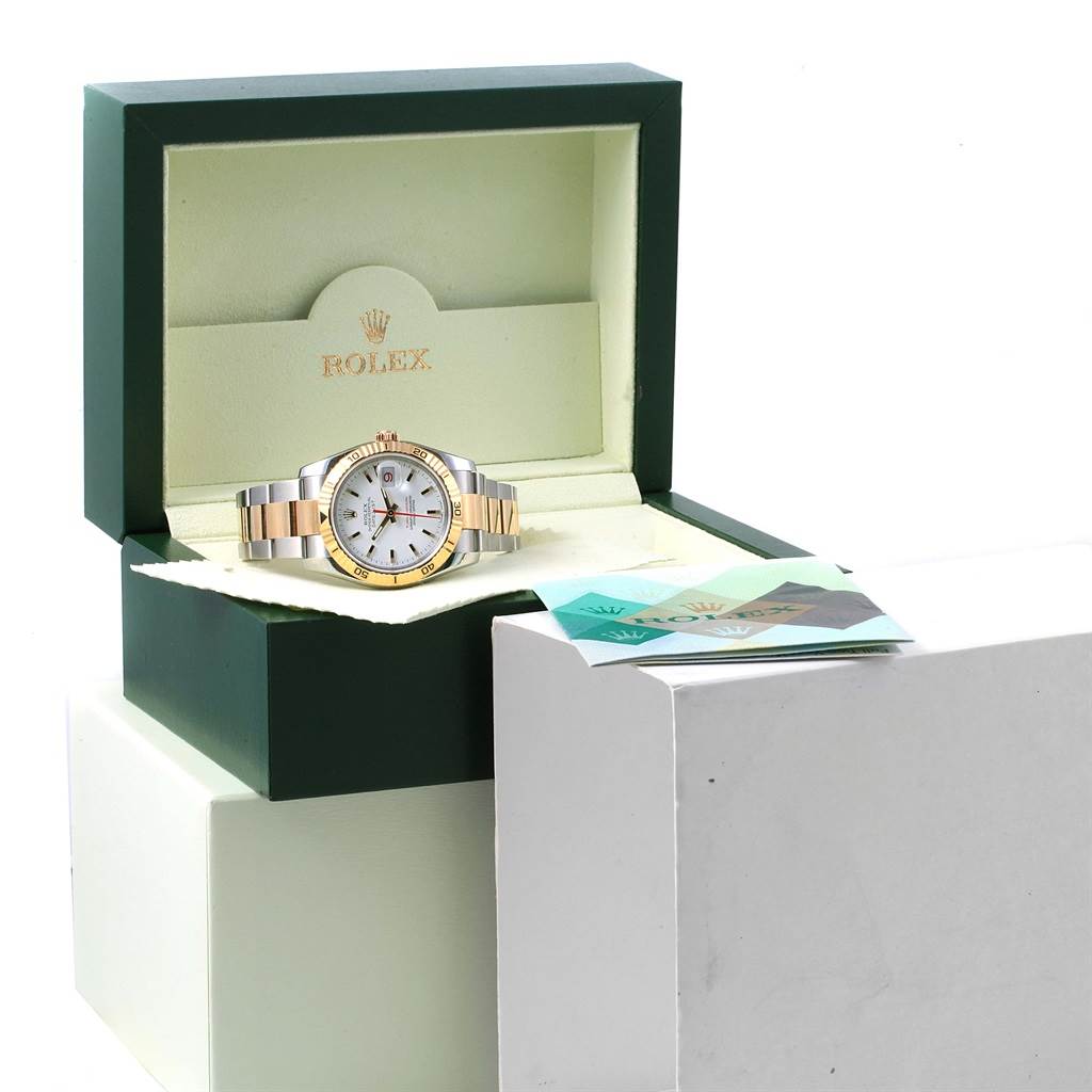 This image shows the Rolex Turn-o-Graph 116263 Men
s Stainless Steel White Dial 116263 Men
s Stainless Steel White Dial watch in its open box, viewed from an angle slightly above and to the right.