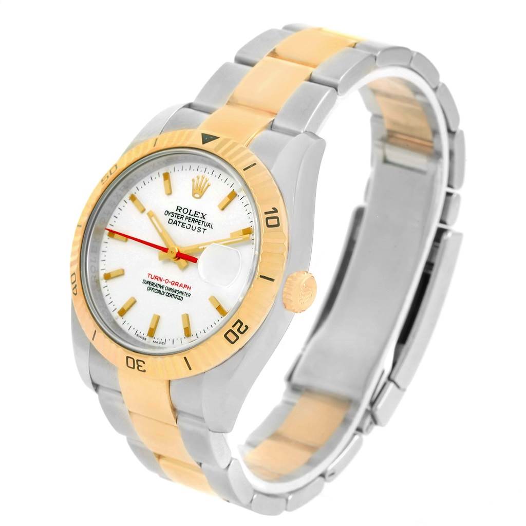 The Rolex Turn-o-Graph 116263 Men
s Stainless Steel White Dial 116263 Men
s Stainless Steel White Dial is shown at an angle highlighting the face, bezel, and two-tone bracelet.