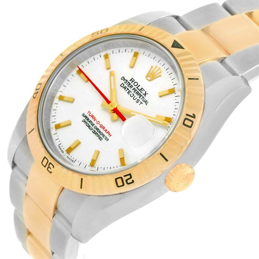 The image shows a Rolex Turn-o-Graph 116263 Men
s Stainless Steel White Dial 116263 Men
s Stainless Steel White Dial watch at a slight angle, highlighting the bezel, face, and bracelet.