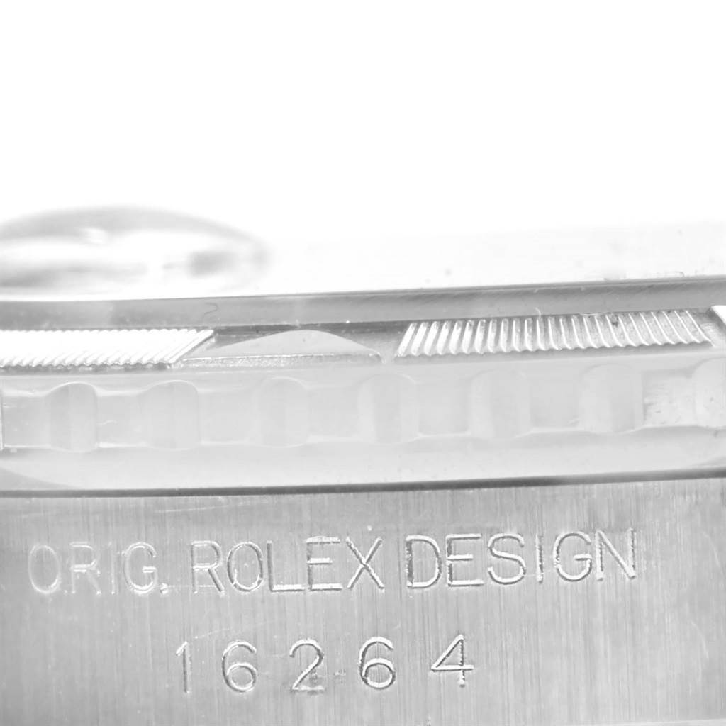 This close-up image shows the engraved model number and bezel of the Rolex Turn-o-Graph 16264 Men
s Stainless Steel Black Dial 16264 Men
s Stainless Steel Black Dial watch.