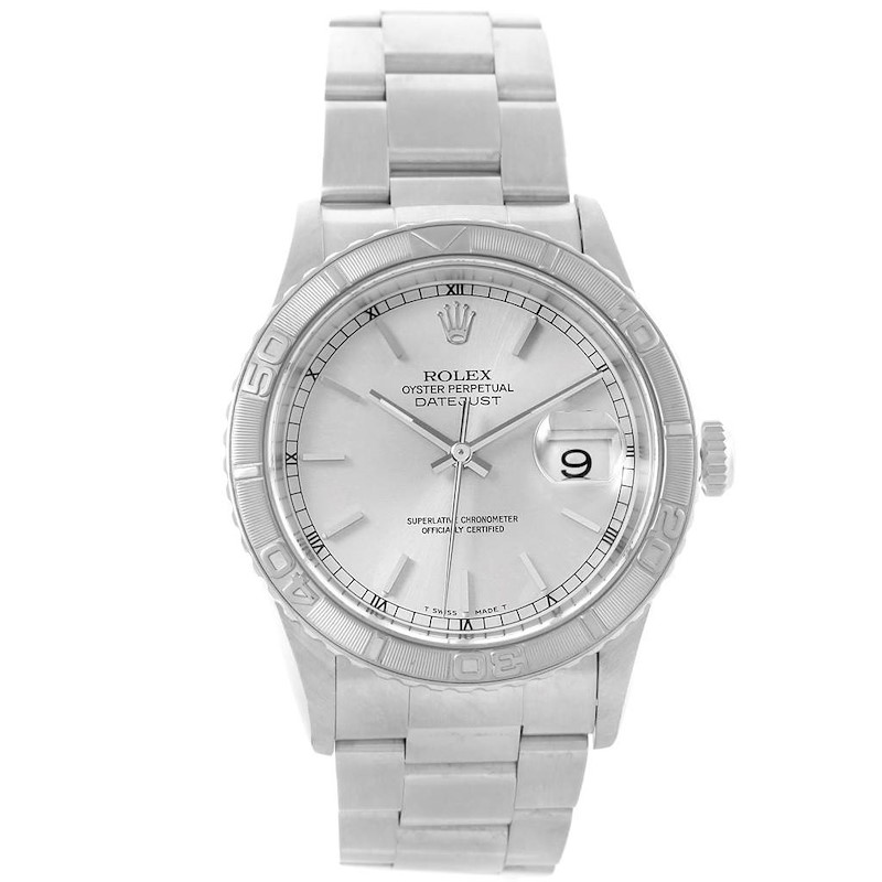 Rolex Turnograph Datejust Steel White Gold Silver Baton Dial Watch 16264 SwissWatchExpo