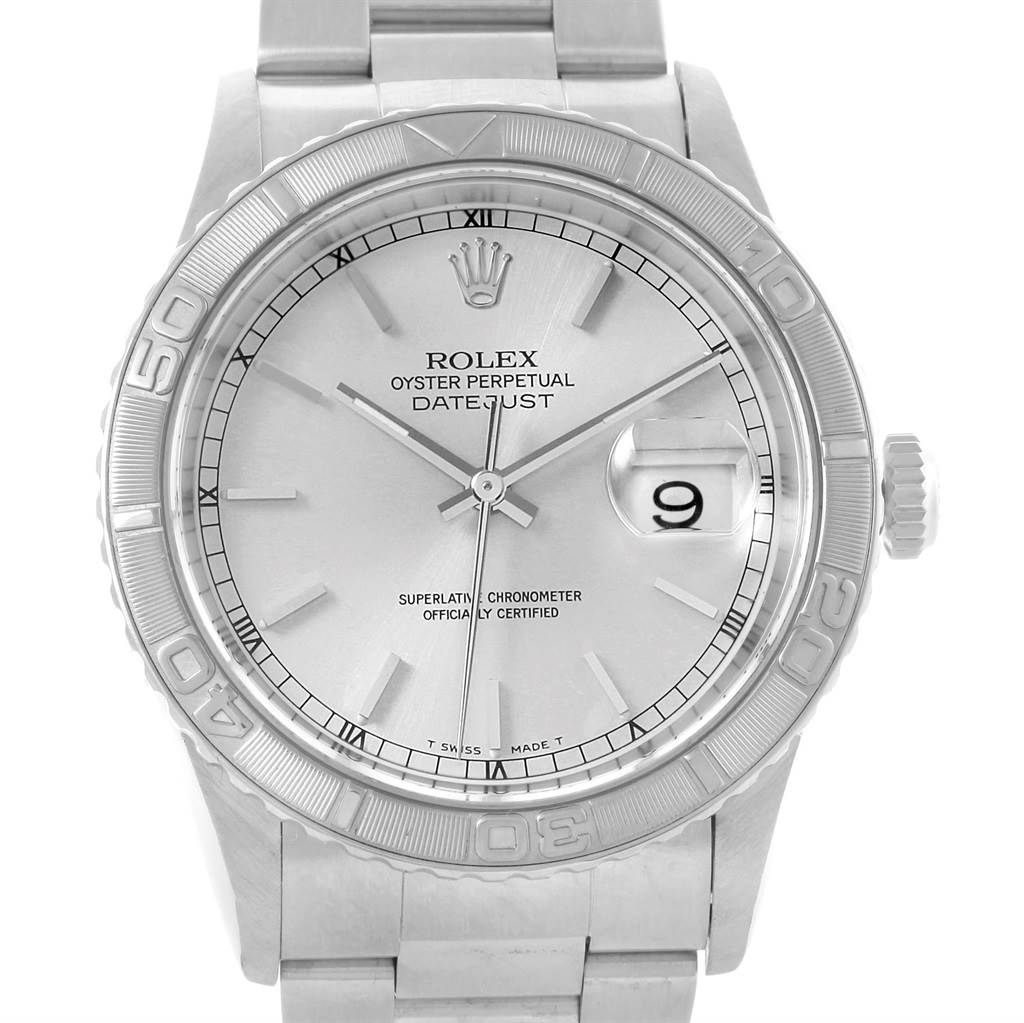 This image shows the face and bracelet of the Rolex Turn-o-Graph 16264 Men's Stainless Steel Silver Dial 16264 Men's Stainless Steel Silver Dial with a clear view of its dial and bezel.