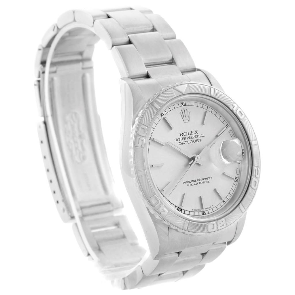 The Rolex Turn-o-Graph 16264 Men's Stainless Steel Silver Dial 16264 Men's Stainless Steel Silver Dial watch is shown at an angle displaying its face, bracelet, and part of the clasp.