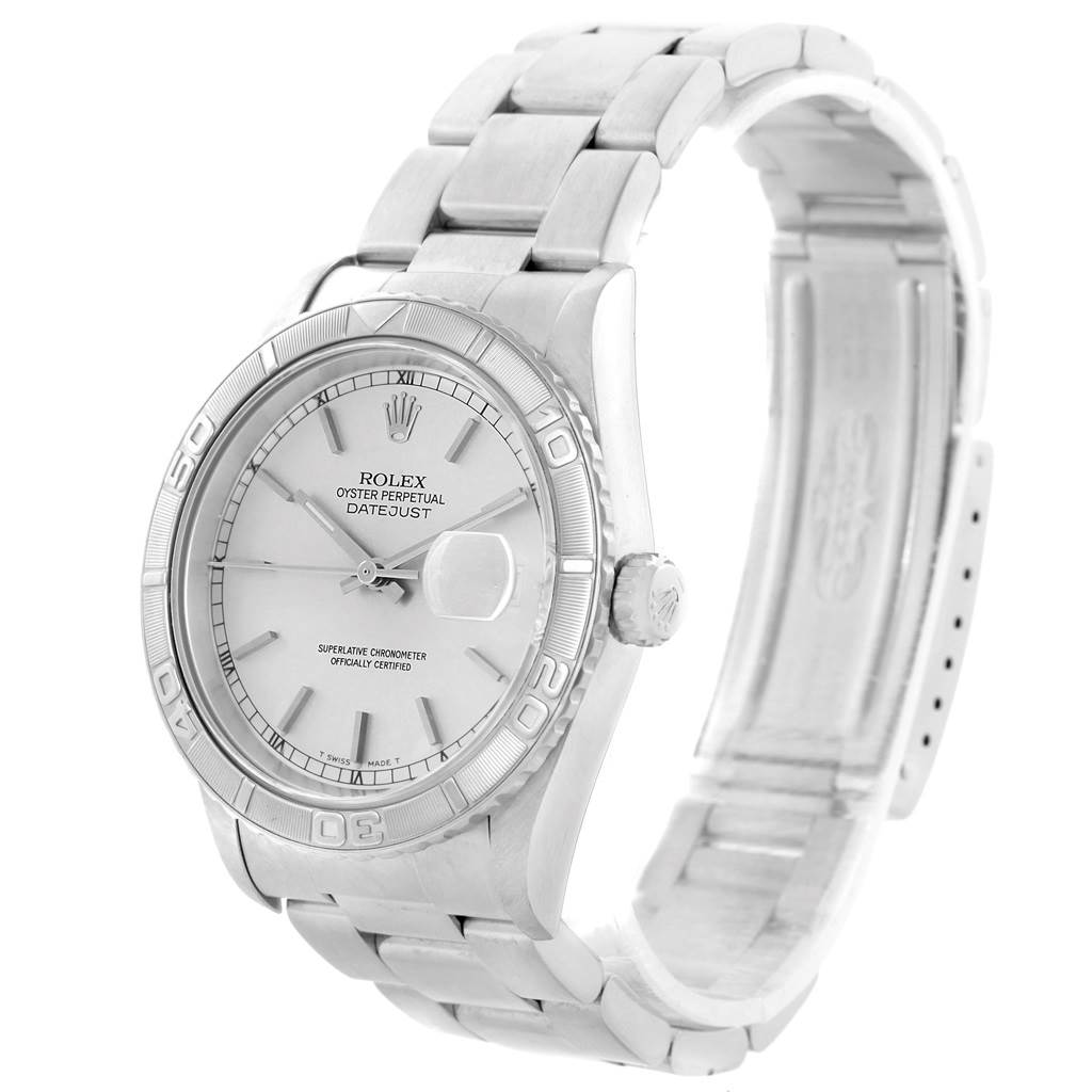 This image shows the Rolex Turn-o-Graph 16264 Men's Stainless Steel Silver Dial 16264 Men's Stainless Steel Silver Dial watch angled from the front-left, displaying the dial, bezel, crown, and bracelet.