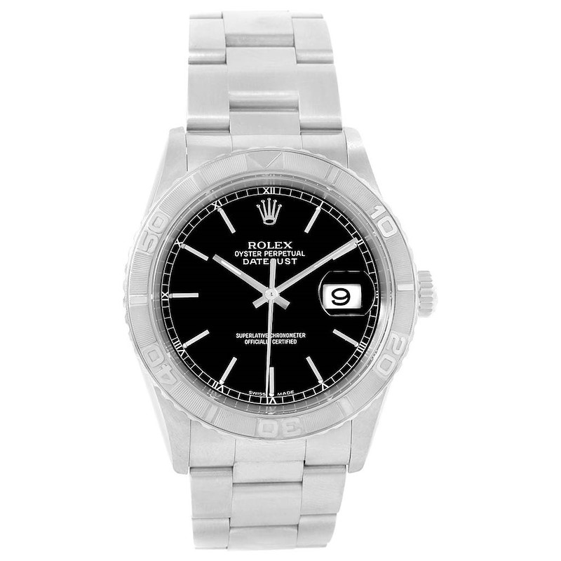 Rolex Turnograph Datejust Steel White Gold Black Baton Dial Watch 16264 SwissWatchExpo