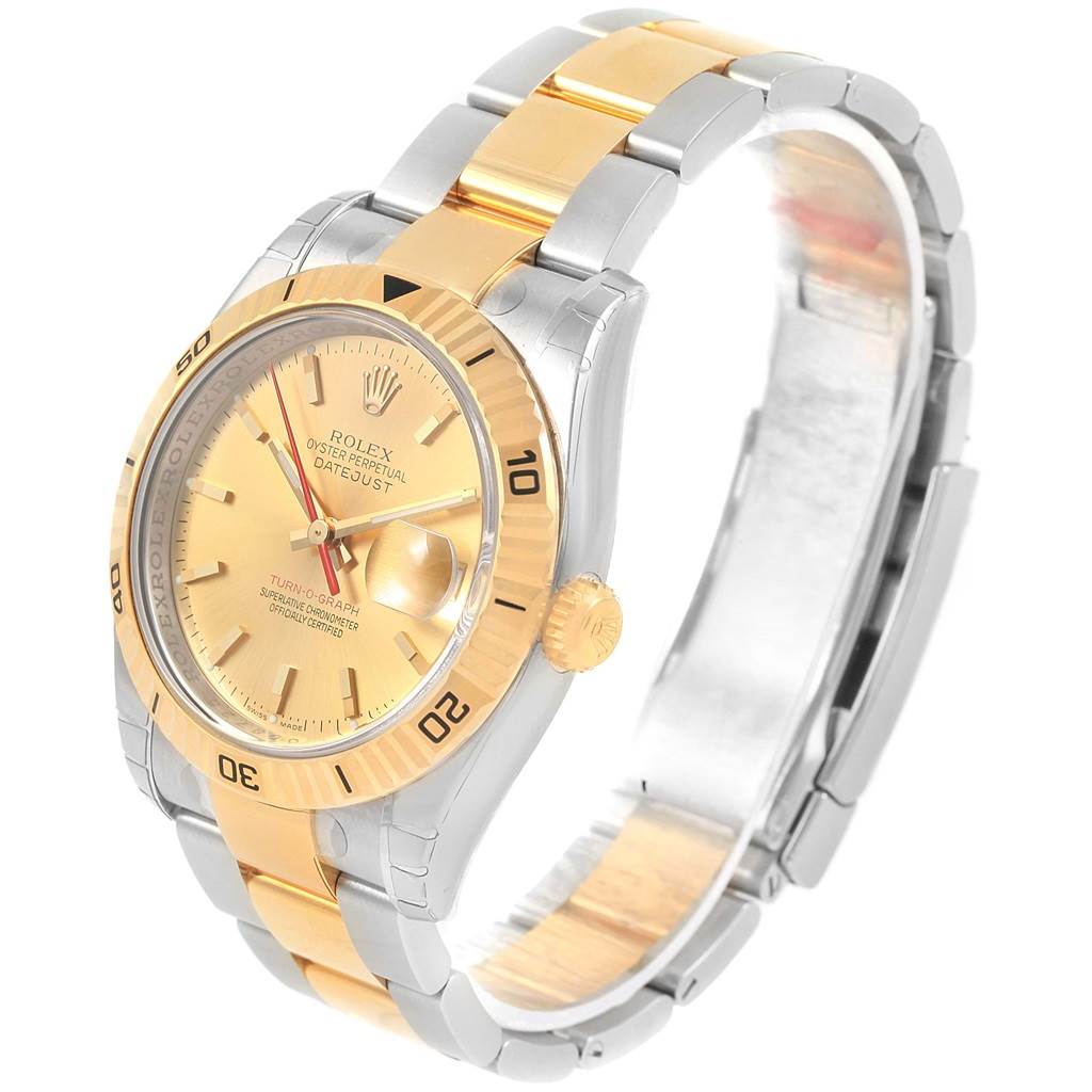 The image shows a Rolex Turn-o-Graph 116263 Men's Stainless Steel Champagne Dial 116263 Men's Stainless Steel Champagne Dial watch from an angled side view, displaying the dial, bracelet, bezel, and crown.