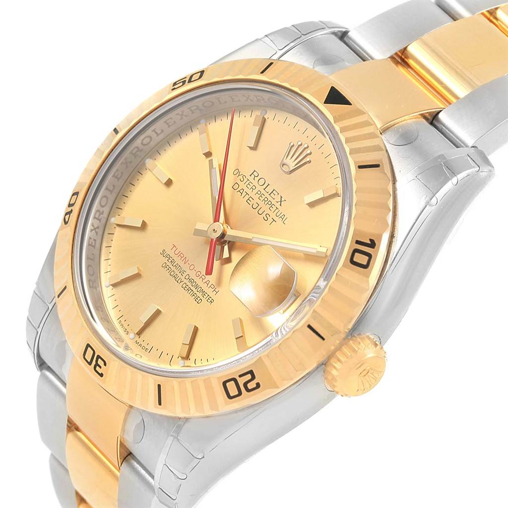 This image shows a Rolex Turn-o-Graph 116263 Men's Stainless Steel Champagne Dial 116263 Men's Stainless Steel Champagne Dial watch at an angled close-up, highlighting the dial, bezel, crown, and part of the bracelet.