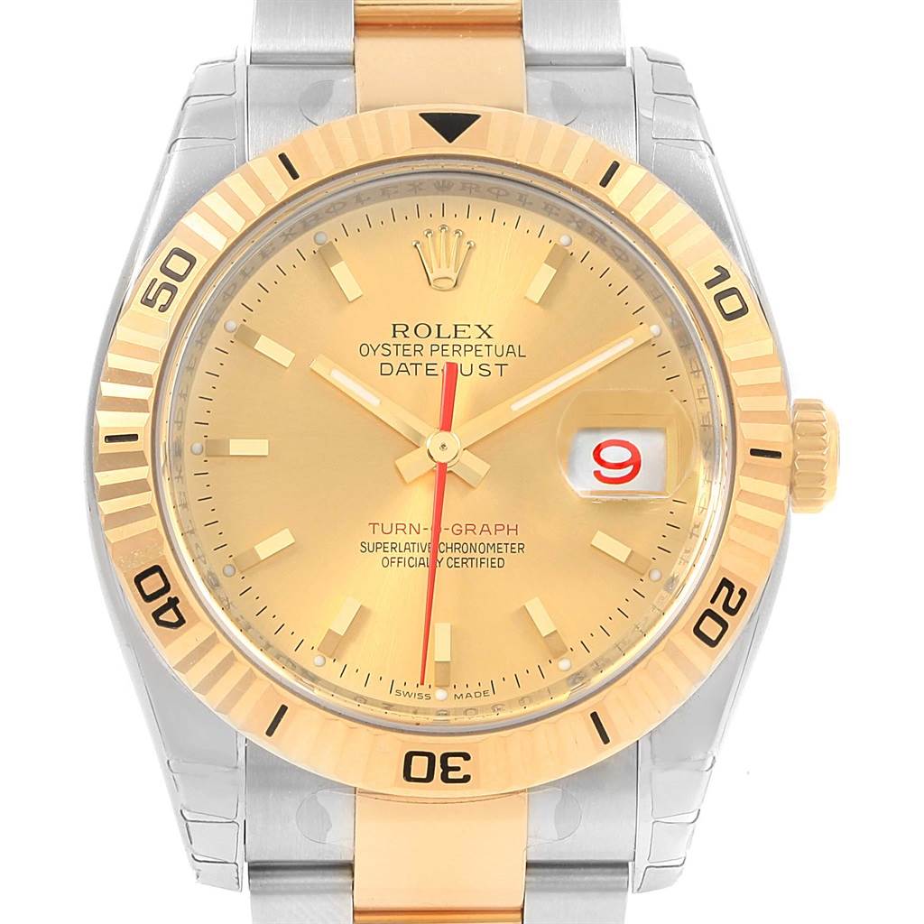 This image shows a front view of a Rolex Turn-o-Graph 116263 Men's Stainless Steel Champagne Dial 116263 Men's Stainless Steel Champagne Dial watch, highlighting its face, bezel, and part of its bracelet.