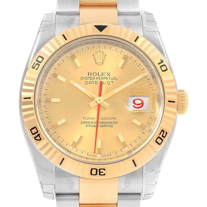 This image shows a front view of a Rolex Turn-o-Graph watch, highlighting its face, bezel, and part of its bracelet.