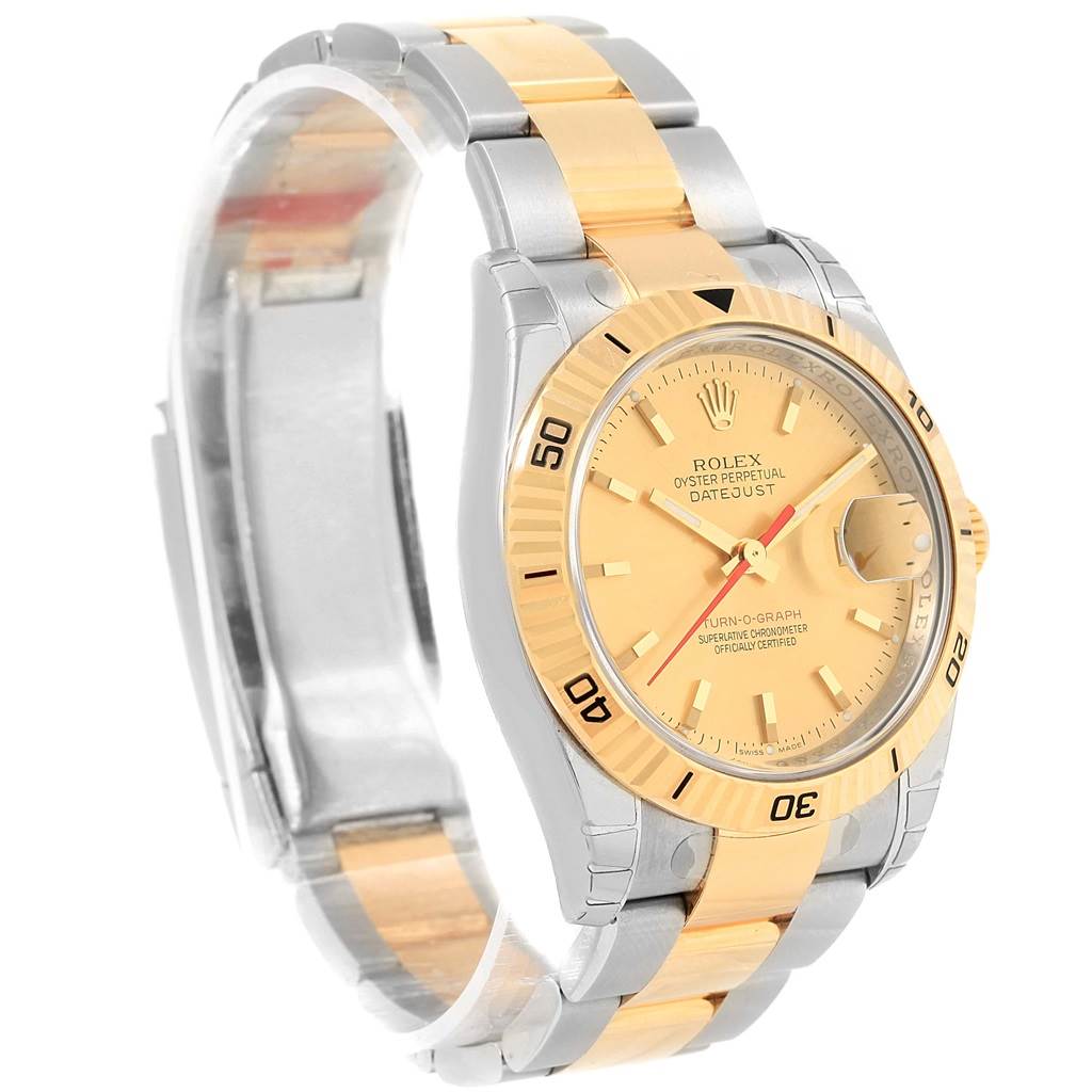 This image shows a Rolex Turn-o-Graph 116263 Men's Stainless Steel Champagne Dial 116263 Men's Stainless Steel Champagne Dial watch angled to display its face, bezel, and part of the two-tone bracelet.