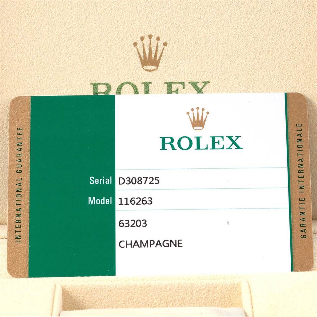 The image shows the serial number and model card for a Rolex Turn-o-Graph 116263 Men's Stainless Steel Champagne Dial 116263 Men's Stainless Steel Champagne Dial watch, model 116263.