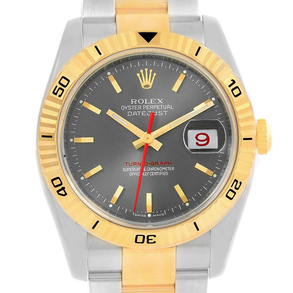 The image shows a front view of a Rolex Turn-o-Graph 116263 Men's Steel and Gold (two tone) Grey Dial 116263 Men's Steel and Gold (two tone) Grey Dial watch featuring a gold bezel, grey dial, and steel-gold bracelet.