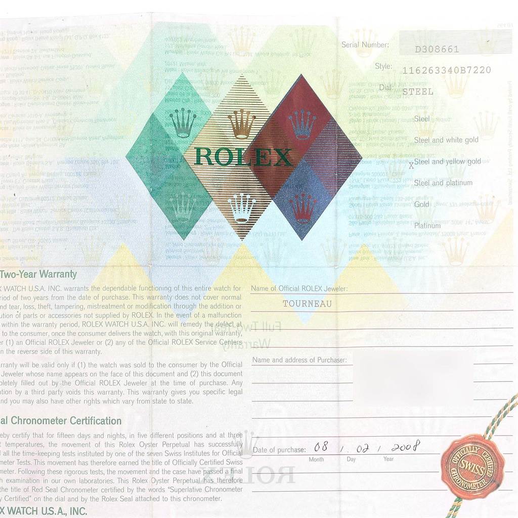 This image shows a warranty card for the Rolex Turn-o-Graph 116263 Men's Steel and Gold (two tone) Grey Dial 116263 Men's Steel and Gold (two tone) Grey Dial model, detailing the purchase date, serial number, and other specifications.