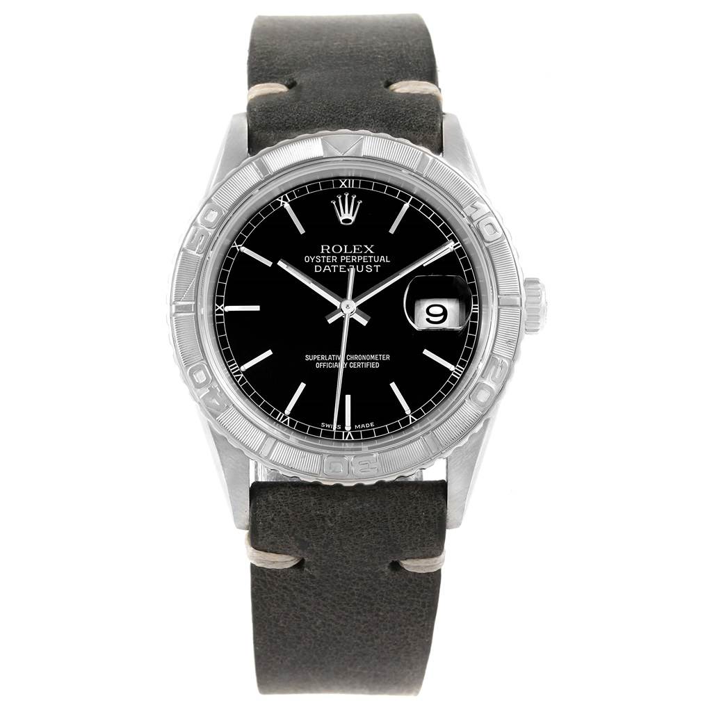 This image shows a front view of a Rolex Turn-o-Graph 16264 Men's Stainless Steel Black Dial 16264 Men's Stainless Steel Black Dial watch, highlighting its black dial, bezel, and leather strap.