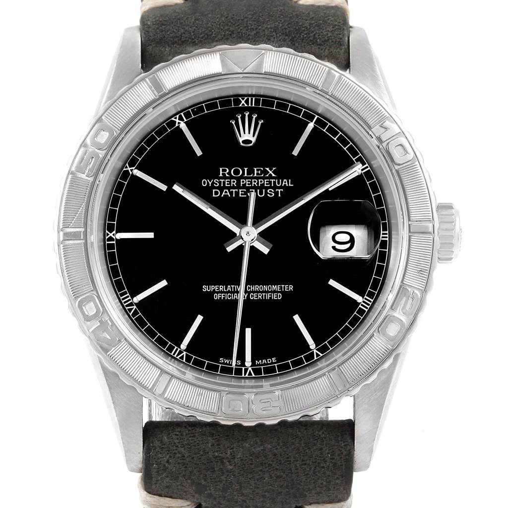 This image shows the face and bezel of a Rolex Turn-o-Graph 16264 Men's Stainless Steel Black Dial 16264 Men's Stainless Steel Black Dial Oyster Perpetual Datejust watch from a straight-on angle.