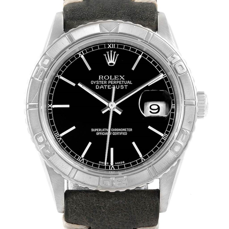 Rolex Turnograph Datejust Steel White Gold Leather Strap Watch 16264 SwissWatchExpo