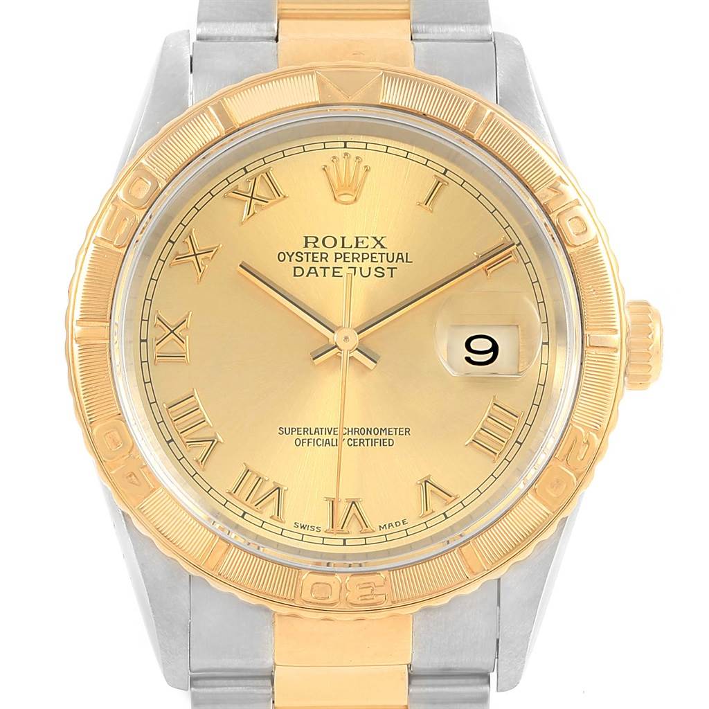 This image shows a frontal view of the Rolex Turn-o-Graph 16263 Men
s Steel and Gold (two tone) Champagne Dial 16263 Men
s Steel and Gold (two tone) Champagne Dial watch displaying the face, bezel, and part of the bracelet.