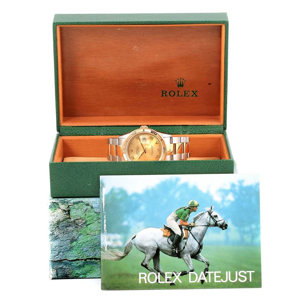 The image shows the Rolex Turn-o-Graph 16263 Men
s Steel and Gold (two tone) Champagne Dial 16263 Men
s Steel and Gold (two tone) Champagne Dial watch in its open green box with a Rolex Datejust booklet in front.