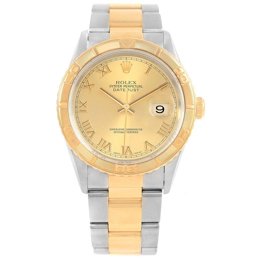 The image shows a front view of the Rolex Turn-o-Graph 16263 Men
s Steel and Gold (two tone) Champagne Dial 16263 Men
s Steel and Gold (two tone) Champagne Dial model, highlighting its face, band, and bezel.
