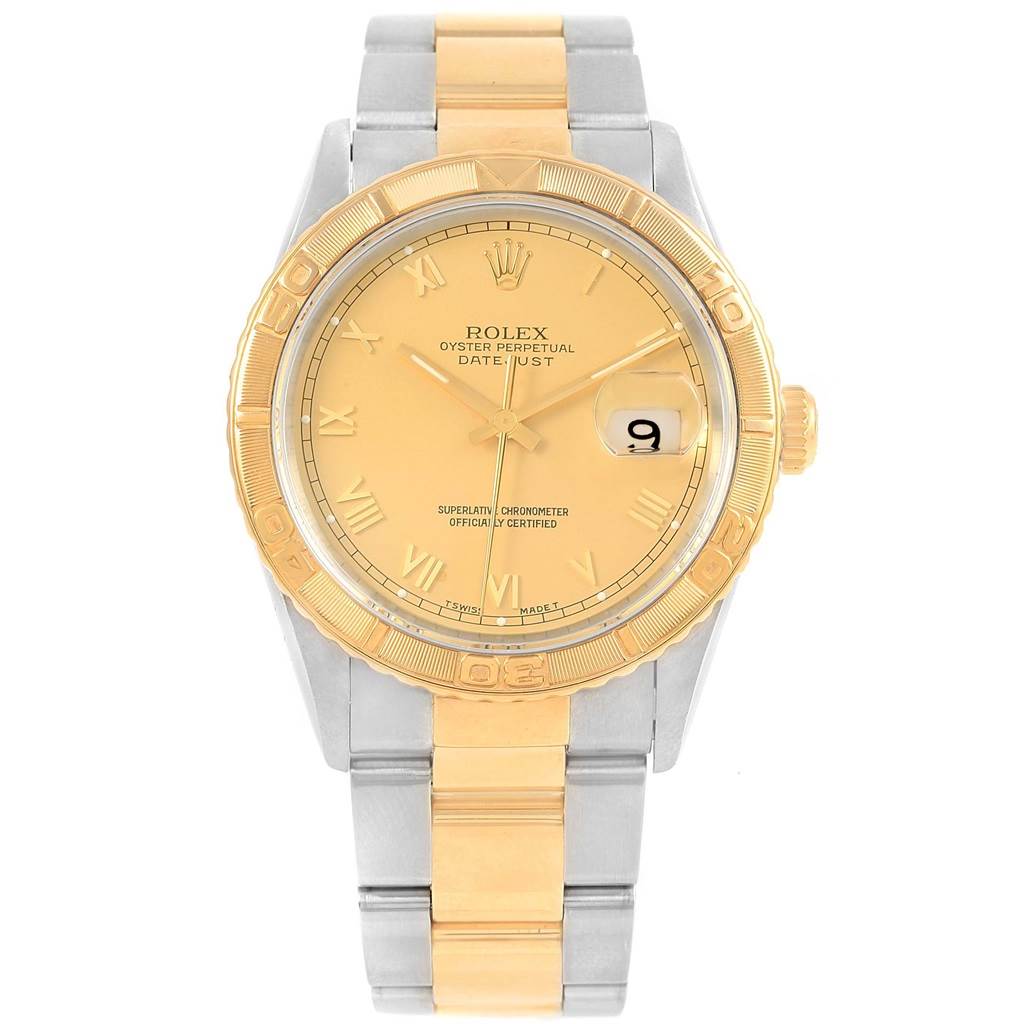 The image shows a frontal view of a Rolex Turn-o-Graph 16263 Men's Steel and Gold (two tone) Champagne Dial 16263 Men's Steel and Gold (two tone) Champagne Dial watch, highlighting its dial, bezel, and two-tone bracelet.