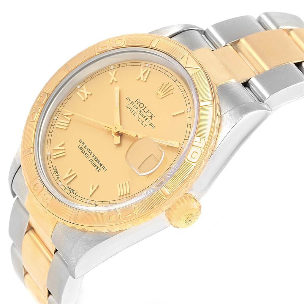 The image shows a side view of the Rolex Turn-o-Graph 16263 Men's Steel and Gold (two tone) Champagne Dial 16263 Men's Steel and Gold (two tone) Champagne Dial watch, highlighting the gold bezel, dial, crown, and two-tone bracelet.
