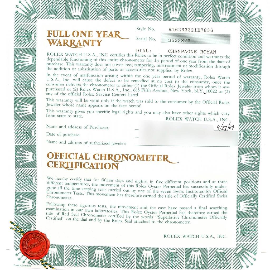 This image shows the warranty and official chronometer certification document for a Rolex Turn-o-Graph 16263 Men's Steel and Gold (two tone) Champagne Dial 16263 Men's Steel and Gold (two tone) Champagne Dial watch model.
