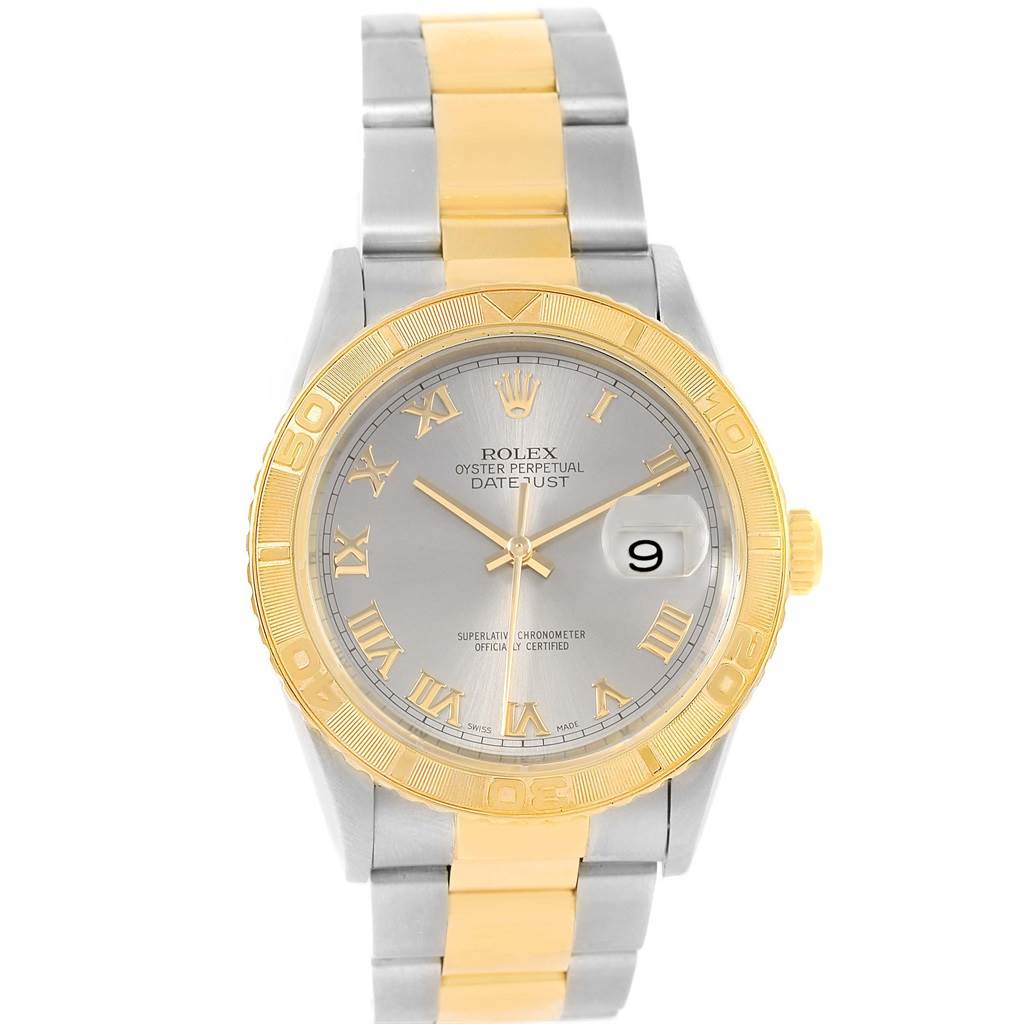 The Rolex Turn-o-Graph 16263 Men's Steel and Gold (two tone) Grey Dial 16263 Men's Steel and Gold (two tone) Grey Dial model watch is shown from the front, displaying the face, bezel, and part of the bracelet.