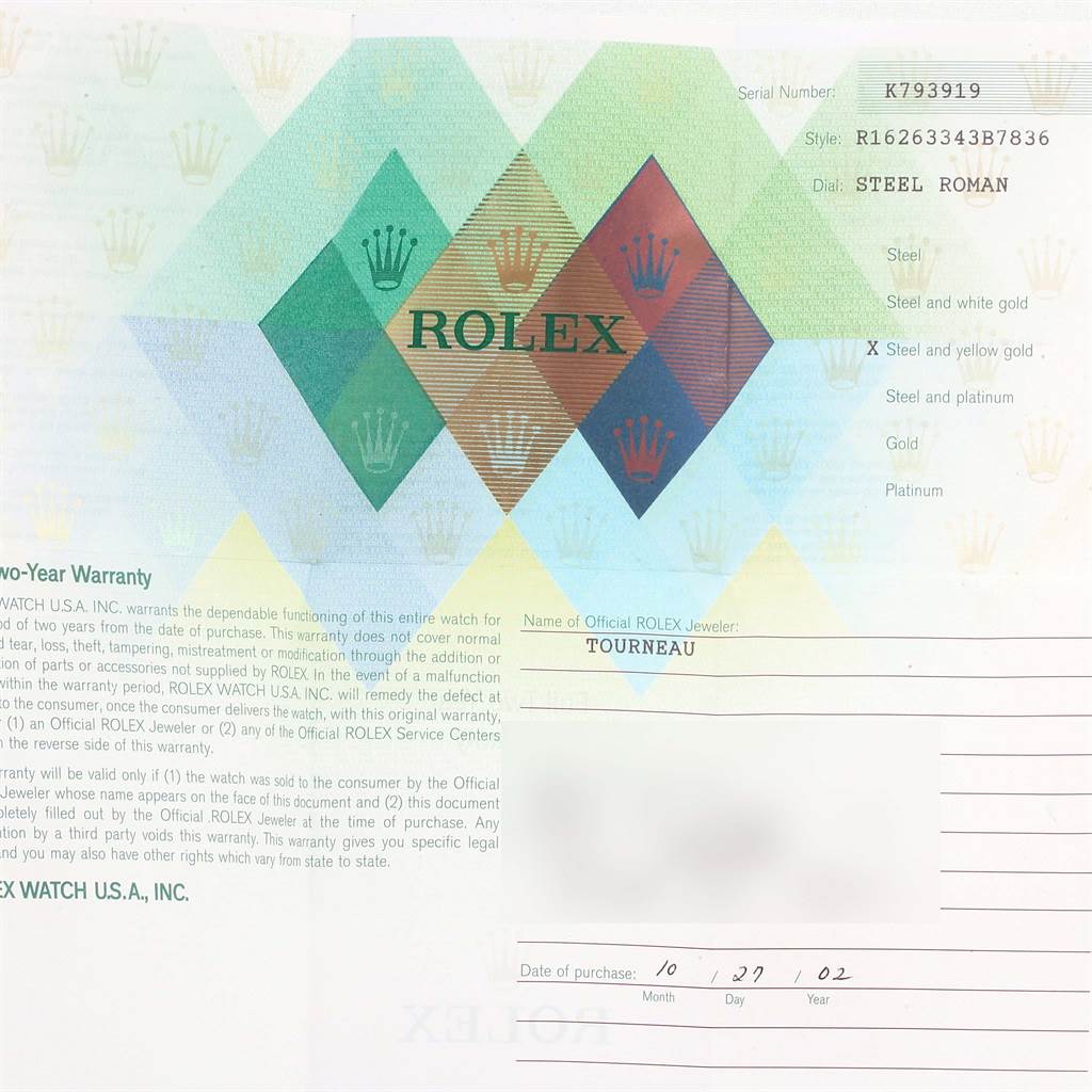 This image shows the warranty card and details for a Rolex Turn-o-Graph 16263 Men's Steel and Gold (two tone) Grey Dial 16263 Men's Steel and Gold (two tone) Grey Dial watch.