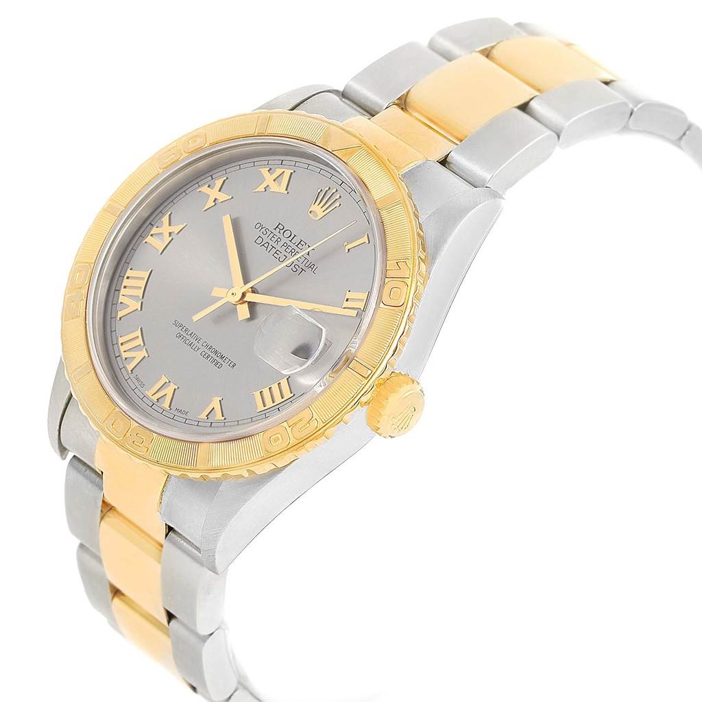 This image shows a Rolex Turn-o-Graph 16263 Men's Steel and Gold (two tone) Grey Dial 16263 Men's Steel and Gold (two tone) Grey Dial watch from a 3/4 angle, highlighting the face, crown, and bracelet.