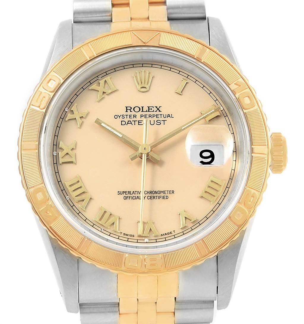 This image shows a Rolex Turn-o-Graph 16263 Men
s Steel and Gold (two tone) Beige Dial 16263 Men
s Steel and Gold (two tone) Beige Dial watch from a front angle, highlighting the dial, bezel, hands, and part of the bracelet.