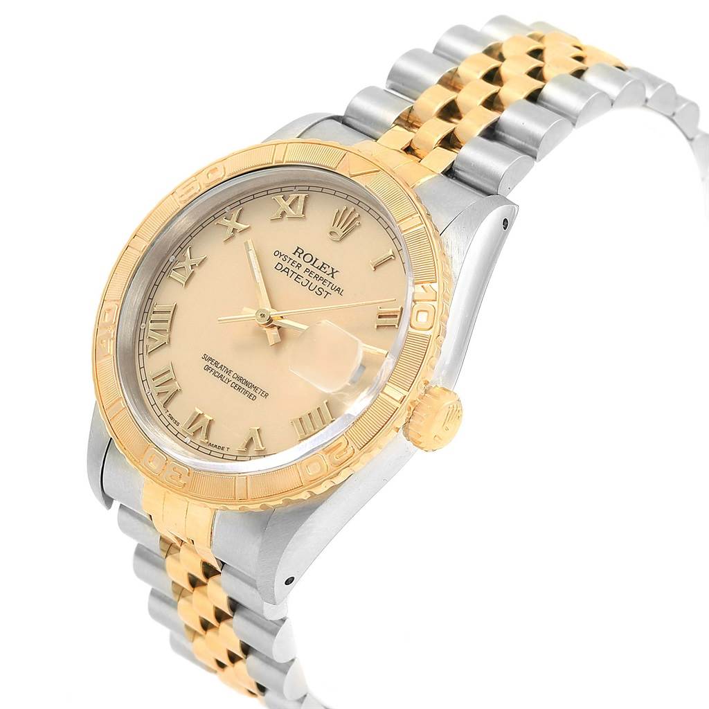 The image shows a Rolex Turn-o-Graph 16263 Men
s Steel and Gold (two tone) Beige Dial 16263 Men
s Steel and Gold (two tone) Beige Dial watch at an angle highlighting the dial, bezel, crown, and two-tone jubilee bracelet.
