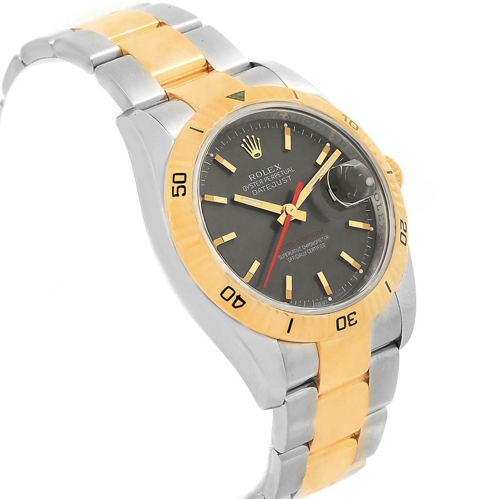 The image shows a Rolex Turn-o-Graph 116263 Men's Steel and Gold (two tone) Grey Dial 116263 Men's Steel and Gold (two tone) Grey Dial watch at a slight angle, highlighting its two-tone bracelet, black dial, and engraved bezel.