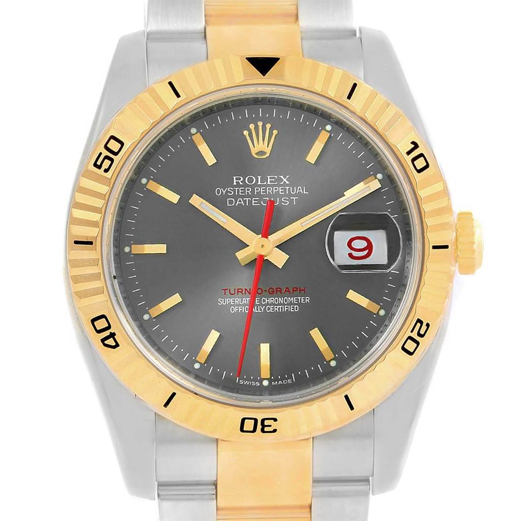 The Rolex Turn-o-Graph 116263 Men's Steel and Gold (two tone) Grey Dial 116263 Men's Steel and Gold (two tone) Grey Dial watch is shown from the front, displaying the face, bezel, crown, and part of the bracelet.