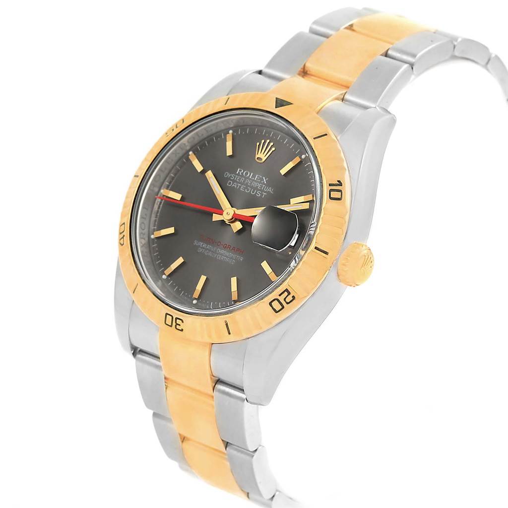 This image shows a Rolex Turn-o-Graph 116263 Men's Steel and Gold (two tone) Grey Dial 116263 Men's Steel and Gold (two tone) Grey Dial watch from a front-angle, highlighting its dial, bezel, and two-tone bracelet.