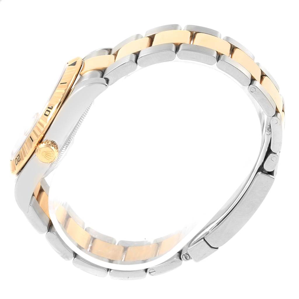 The image shows a side view of the Rolex Turn-o-Graph 116263 Men's Steel and Gold (two tone) Grey Dial 116263 Men's Steel and Gold (two tone) Grey Dial watch, highlighting its bezel, crown, and two-tone bracelet.