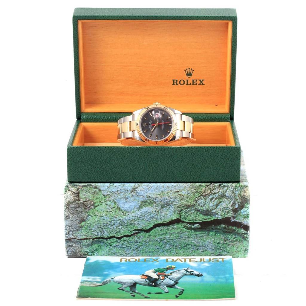 The image shows the Rolex Turn-o-Graph 116263 Men's Steel and Gold (two tone) Grey Dial 116263 Men's Steel and Gold (two tone) Grey Dial watch from a front angle, displayed in its open box along with a brochure.