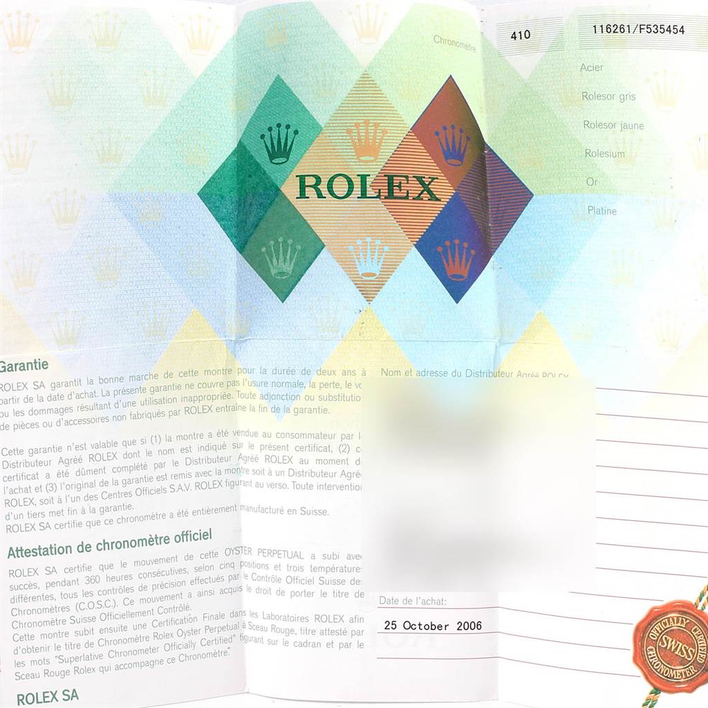 This image shows the warranty card for a Turn-o-Graph model by Rolex.