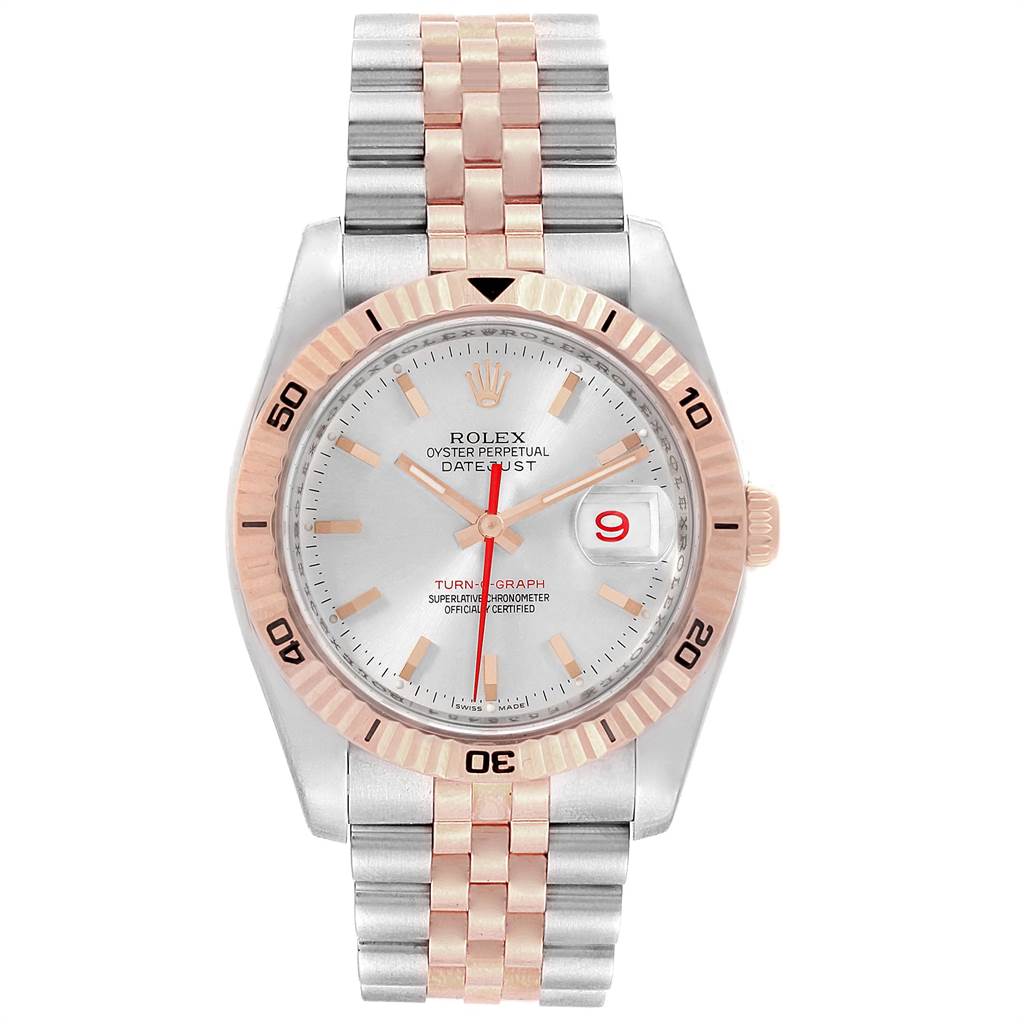 The image shows the front view of a Rolex Turn-o-Graph 116261 Men
s Stainless Steel Silver Dial 116261 Men
s Stainless Steel Silver Dial watch, highlighting its dial, bezel, and bracelet.