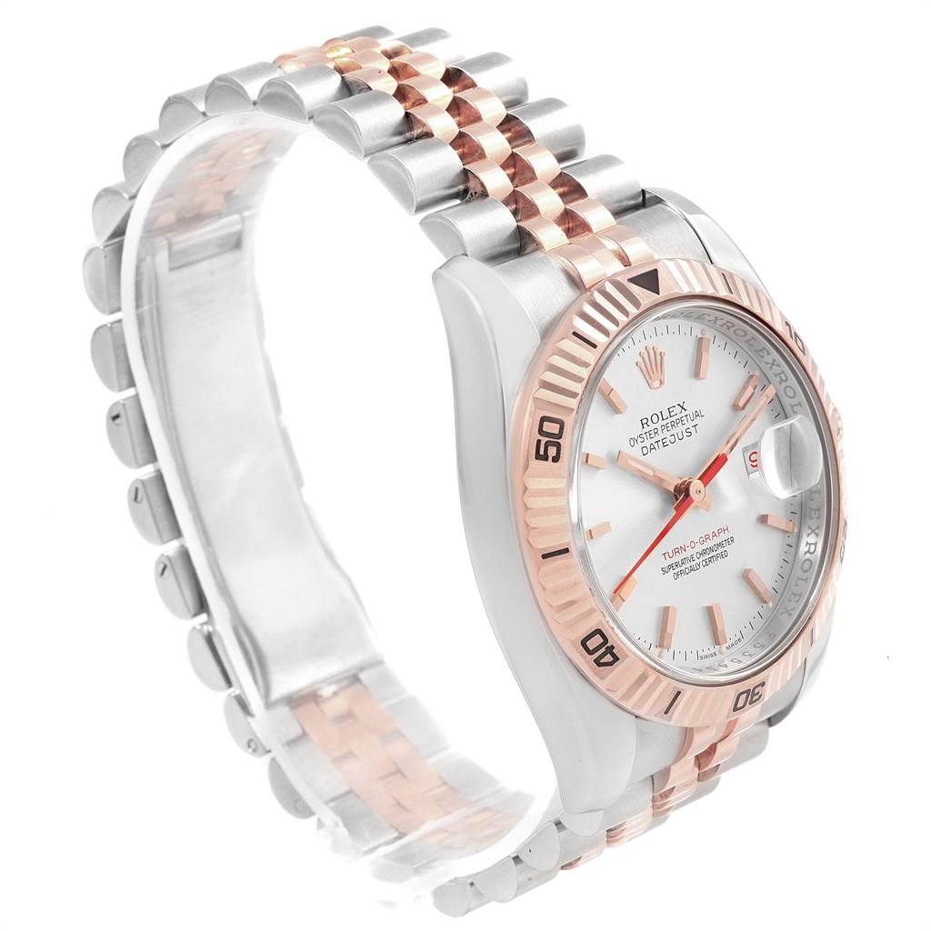 The image shows a side angle view of the Rolex Turn-o-Graph 116261 Men
s Stainless Steel Silver Dial 116261 Men
s Stainless Steel Silver Dial watch, highlighting its dial, bezel, and bracelet.