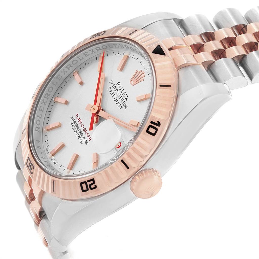 This image shows a side angle of the Rolex Turn-o-Graph 116261 Men
s Stainless Steel Silver Dial 116261 Men
s Stainless Steel Silver Dial watch, highlighting the bezel, crown, and part of the bracelet.