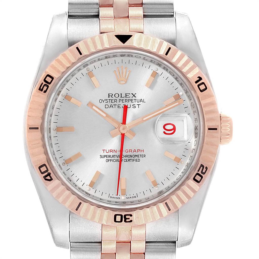 The image shows a front view of the Rolex Turn-o-Graph 116261 Men
s Stainless Steel Silver Dial 116261 Men
s Stainless Steel Silver Dial watch, displaying the dial, bezel, date window, and part of the bracelet.