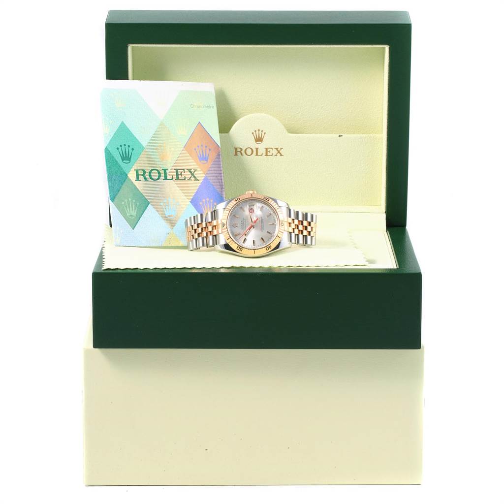 This image shows a Rolex Turn-o-Graph 116261 Men
s Stainless Steel Silver Dial 116261 Men
s Stainless Steel Silver Dial watch in a green box, alongside a Rolex certificate.