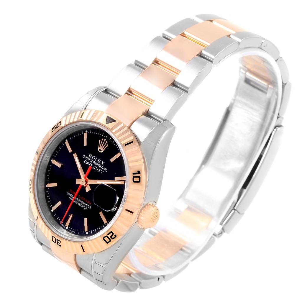 The image shows a side-angle view of the Rolex Turn-o-Graph 116261 Men's Stainless Steel Black Dial 116261 Men's Stainless Steel Black Dial model watch, highlighting its bezel, dial, and two-tone bracelet.